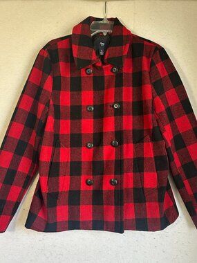 Gap Large Buffalo Check Red Black Wool Blend Double Breasted Jacket Pea Coat